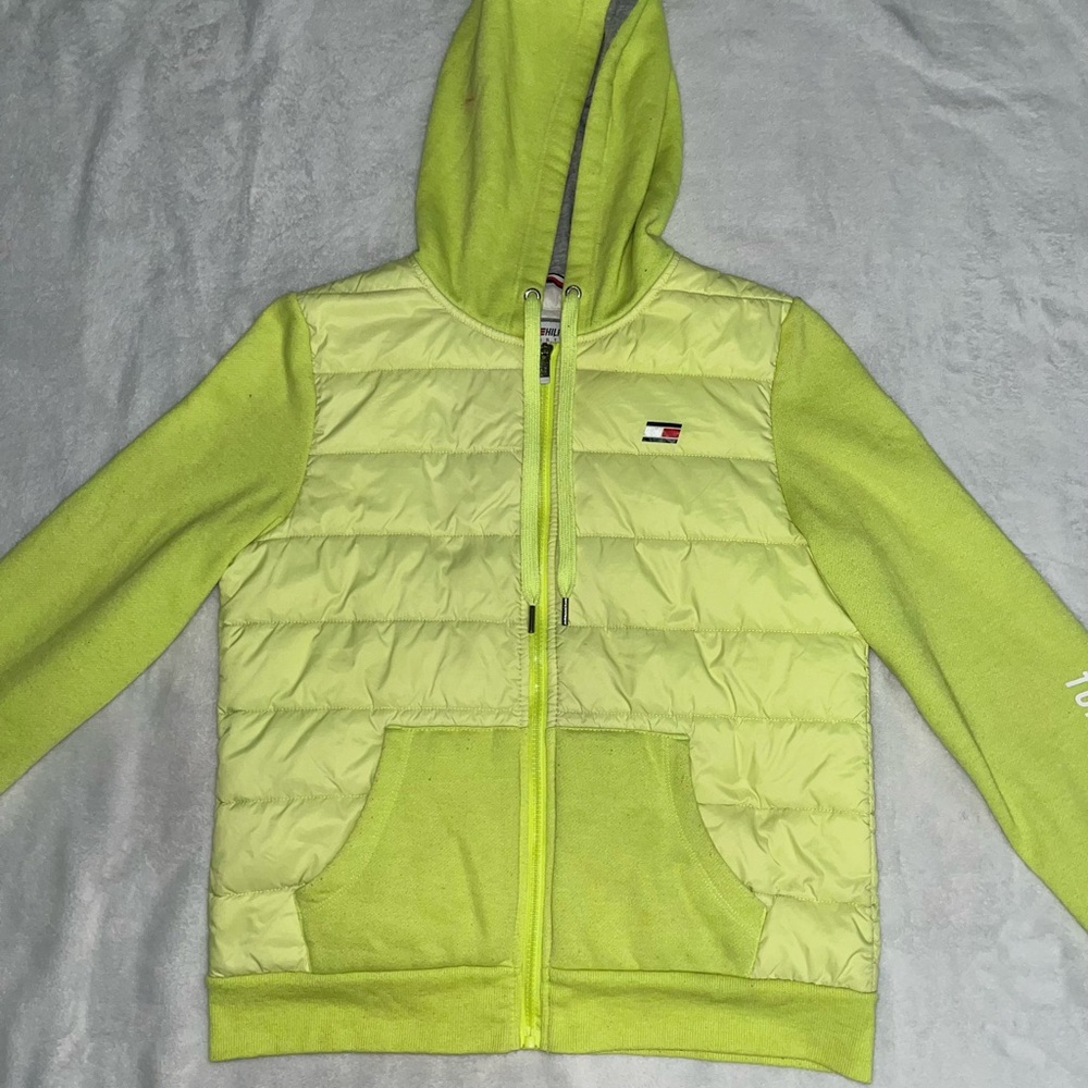 Tommy Hilfiger Neon Lime Hooded Puffer-Front Sweatshirt
